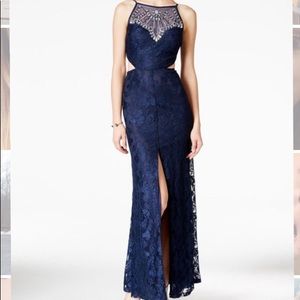 B Darlin Navy Glitter Lace Slit Prom Dress 5/6